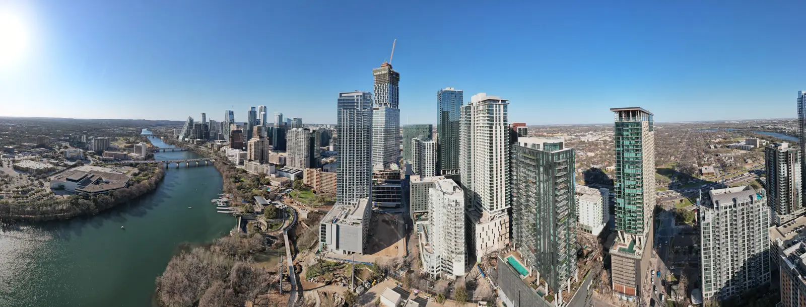 Downtown Austin skyline and Colorado River from above
