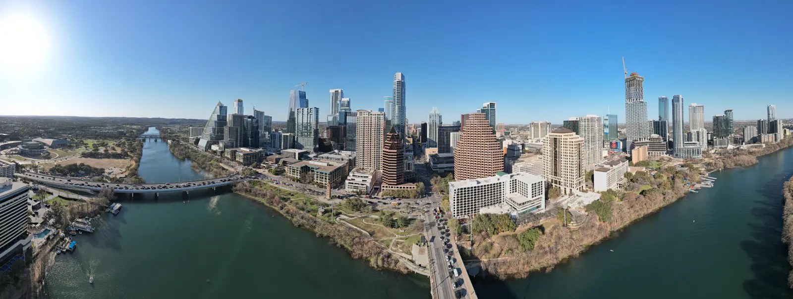 Austin downtown skyline panorama along the Colorado River